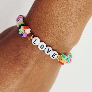 Handmade Clay Flower Heart Bead Bracelet With The Word LOVE